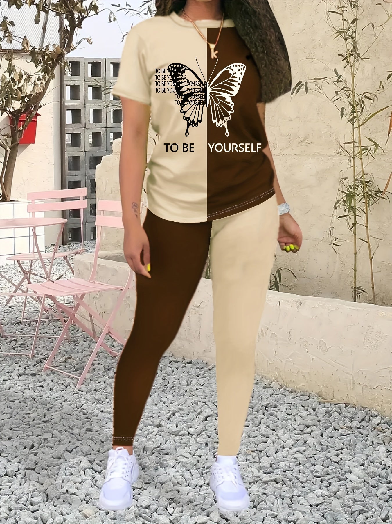 Color Block Matching Two-piece Set, Casual Short Sleeve T-shirt & Skinny Leggings Outfits, Women's Clothing